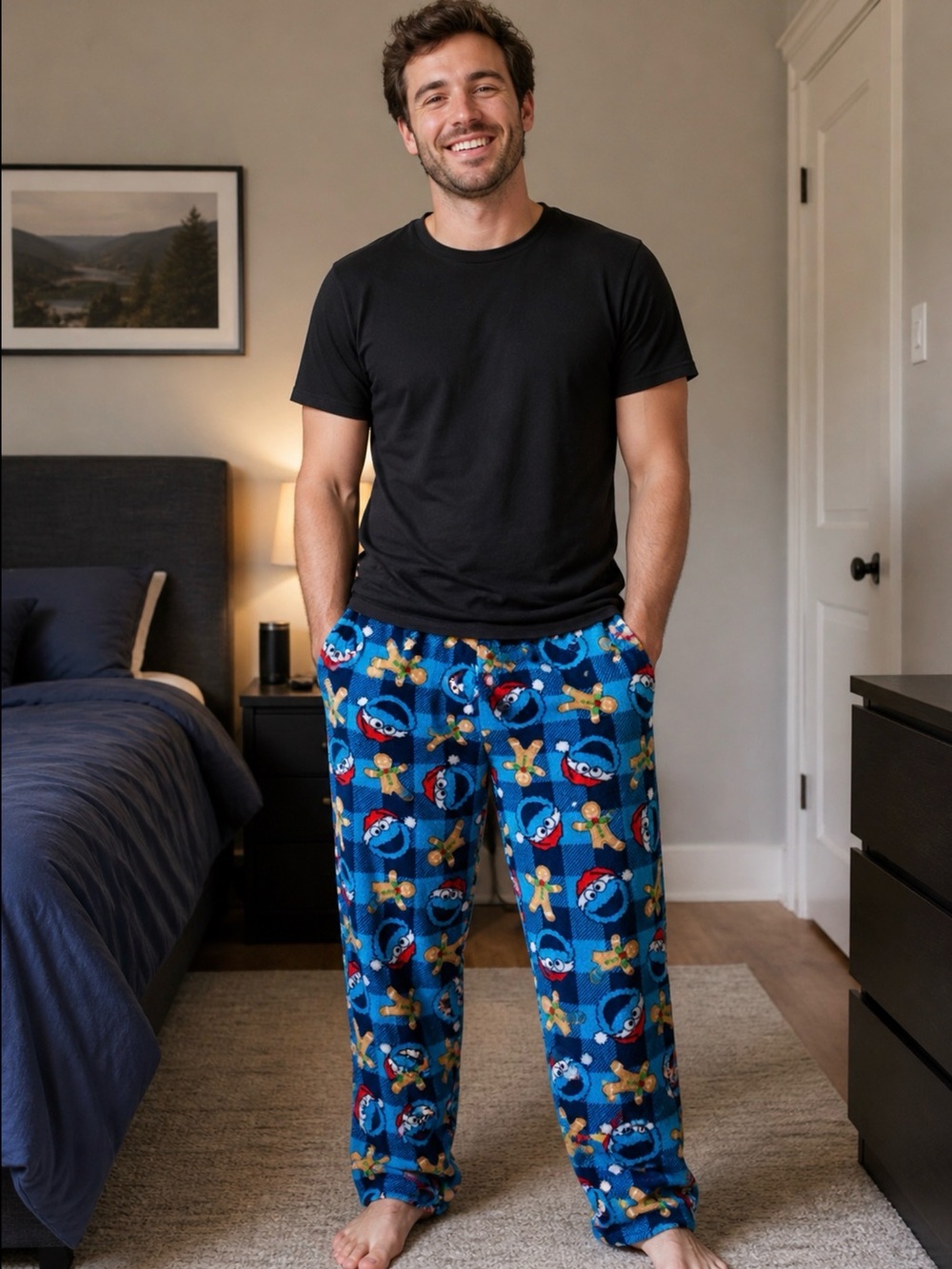 MEN’S COOKIE MONSTER GINGERBREAD FLEECE PAJAMA PANTS XL SESAME STREET LOUNGE